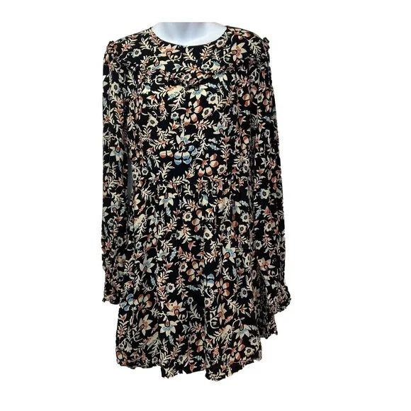 H&M Black Floral Long Sleeve Dress Sz 8 M Flowy Y2K Cottagecore Boho - Picture 1 of 14